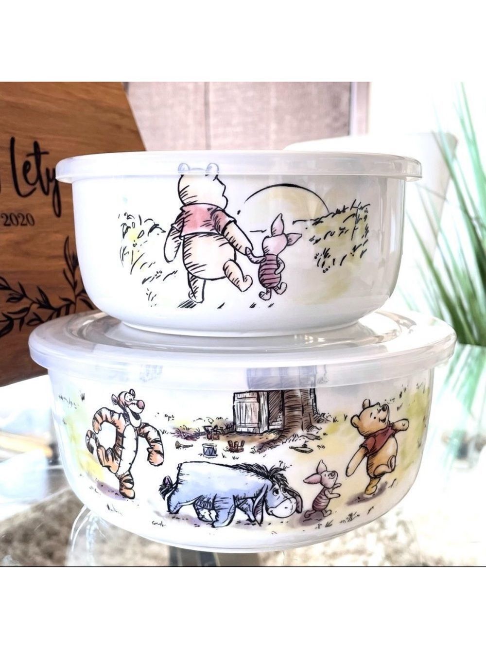 NWT Disney 2 Pc Winnie the Pooh Ceramic White Vented Food container 2 Pieces Set